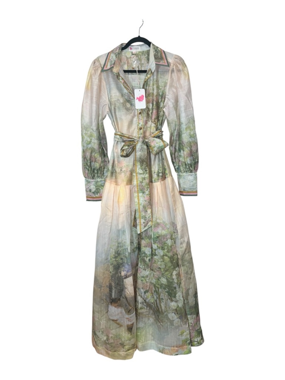 L’ATISTE Floral Sheer Maxi Dress Belted Bishop Sleeves Gold Buttons Size M NWT - Picture 12 of 13